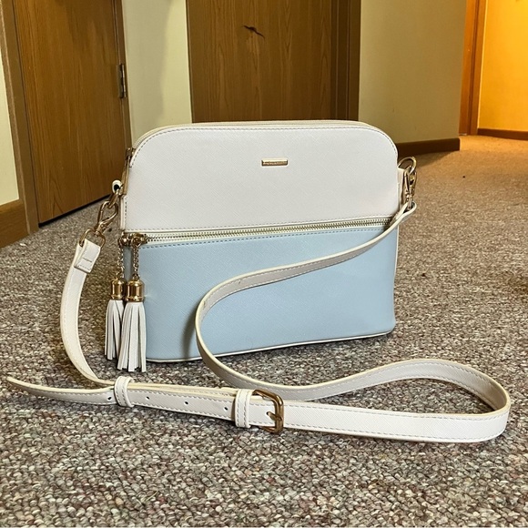 Lovevook Handbags - Lovevook White and Light Blue Crossbody Bag with Tassel Accent Adjustable Strap
